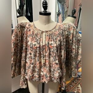 Lucky Brand Floral Print Tie Front Long Sleeve Top, Size Large
